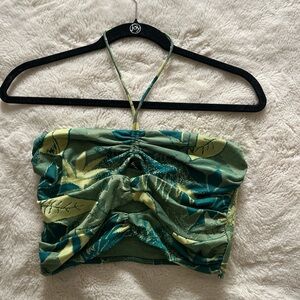Green and yellow leaf print halter top